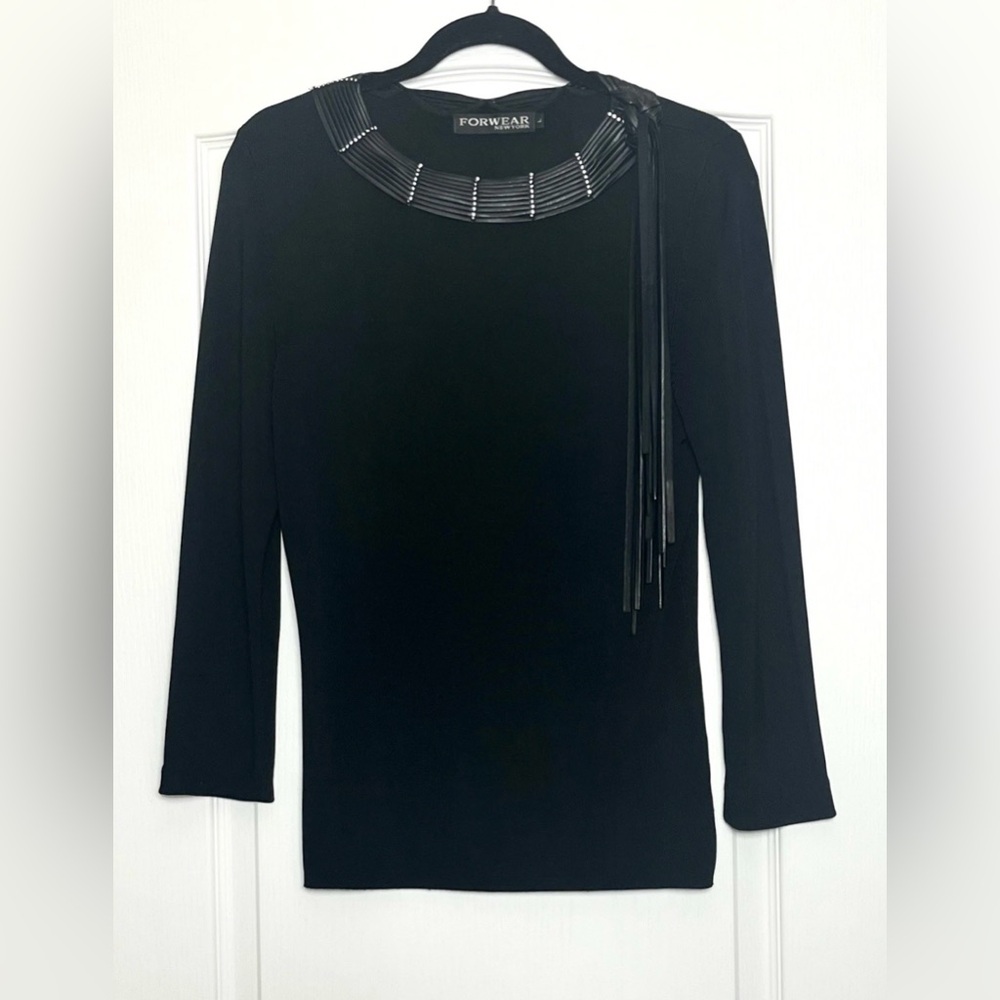 VTG Forwear New York Slinky Black Stretch Long Sleeve Top Size L Leather Fringe